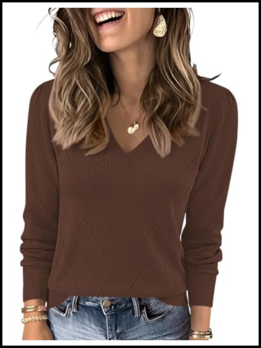 Lightweight Knit V Neck Pullover Sweater Puff Sleeve Business Casual Top
